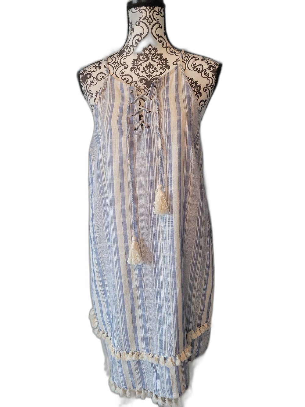 Kori America Blue Stripe Tassel Fringe V-Neck Mini Sundress L